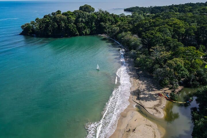 Aerial view of Punta Uva’s calm Caribbean waters — where our kayak journey begins through the mangroves and coastal jungle.