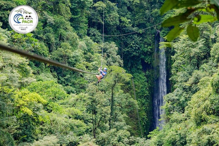 Multiple ziplines with waterfalls.