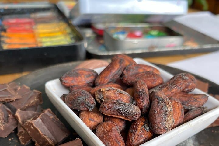 cacao beans and 5 local, artesenal chocolates